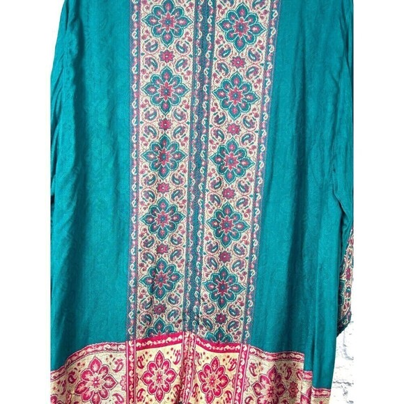 Time For Me Women Sz XL Turquoise Brocade Kimono Boho Print Cardigan Fringe T4 - Picture 6 of 12